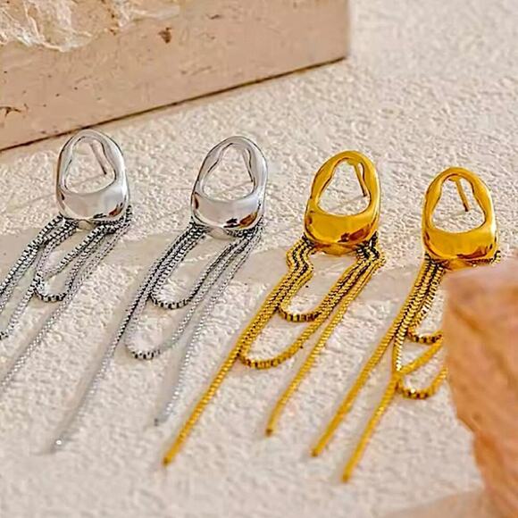 Gold Stainless Steel Silver Geometric Dangle Earrings - Picture 3 of 10